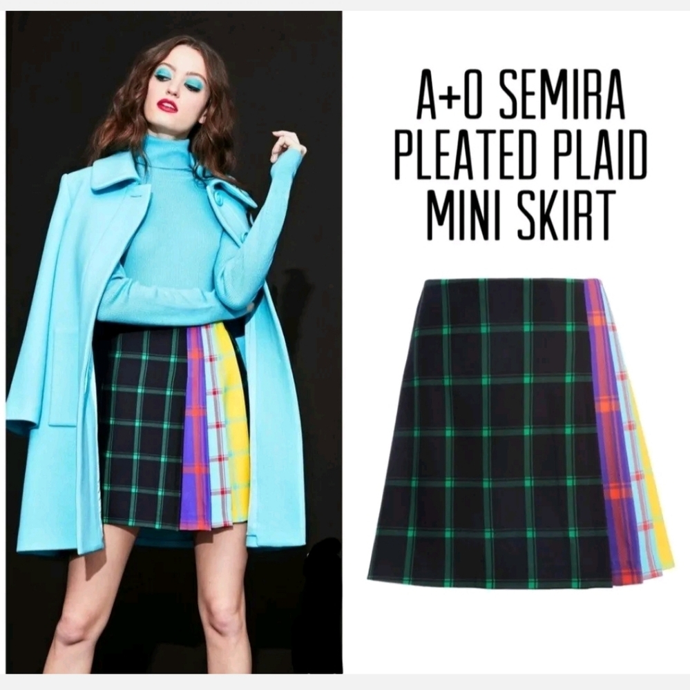 Alice + Olivia Semira Multicolor Side-pleat Plaid Mini A-line SIZE 8 NWT